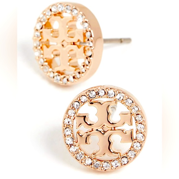 Tory Burch Pavé Embellished Gold Circle Stud Earrings - Picture 2 of 3